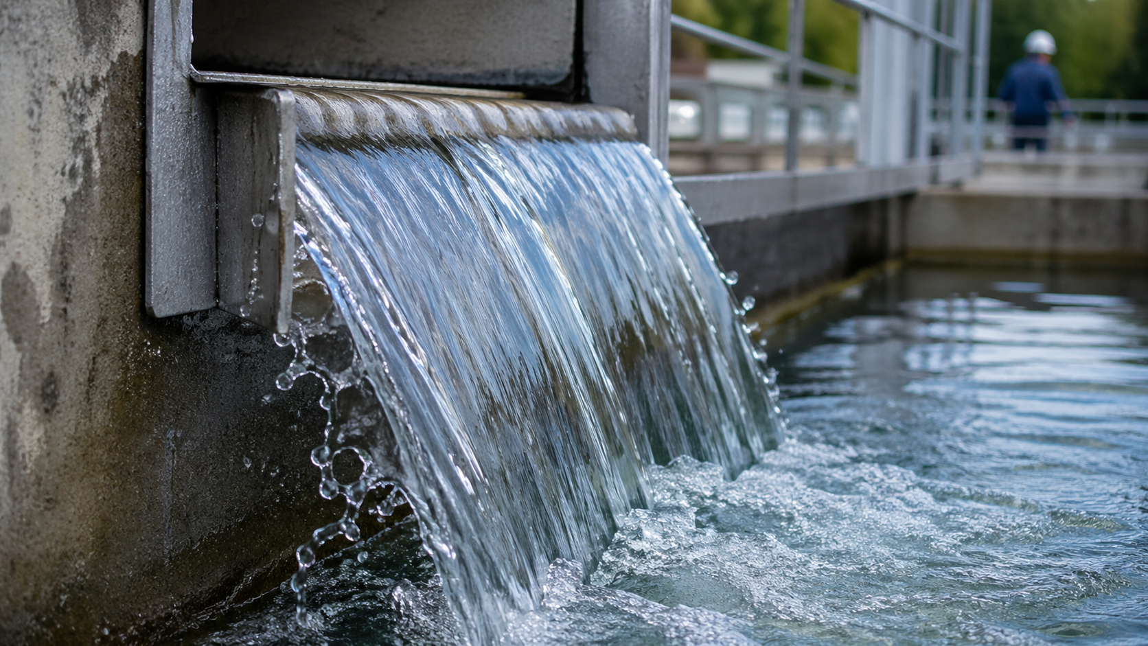 The image depicts clear water flowing from a metal chute into a larger body of water, likely part of a water treatment facility. In the background, a figure wearing a helmet is observable, indicating an industrial setting focused on water management.