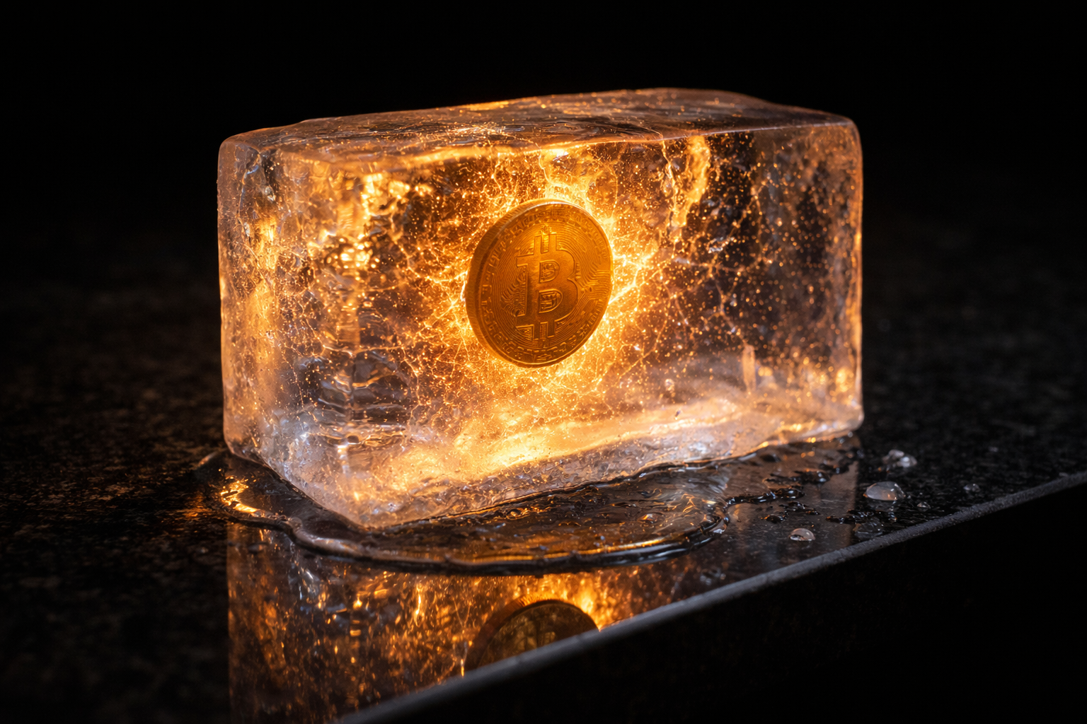 The image features a large block of ice containing a Bitcoin coin, illuminated from within to create a glowing effect. The ice appears to be melting slightly, leaving water droplets on a dark surface.