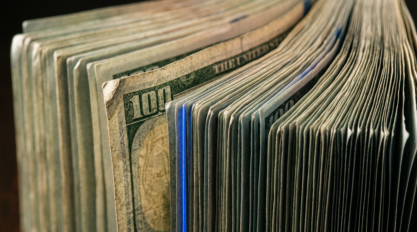 The image showcases a tightly fanned arrangement of U.S. hundred-dollar bills held in a vertical position, emphasizing their textured surfaces and layered edges. Light interacts with the notes, revealing intricate printing details and security features, while a single bill juts slightly forward, its dog-eared corner indicating previous circulation.