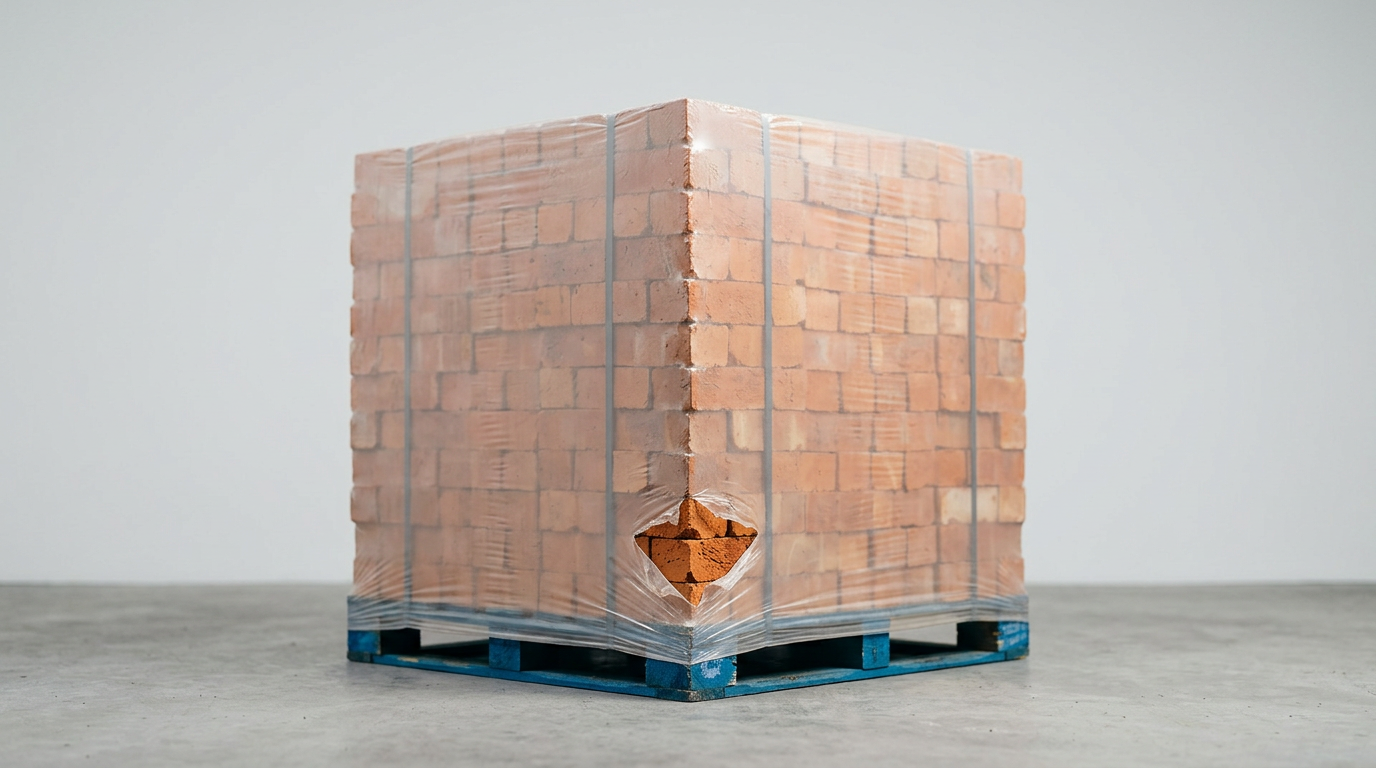 The image features a single palette of orange-red London stock bricks, shrink-wrapped in translucent plastic. Positioned against a pale concrete-grey background, the palette appears sculptural, emphasizing the texture of the raw clay and the creases in the wrap, with a small tear exposing a brick corner.