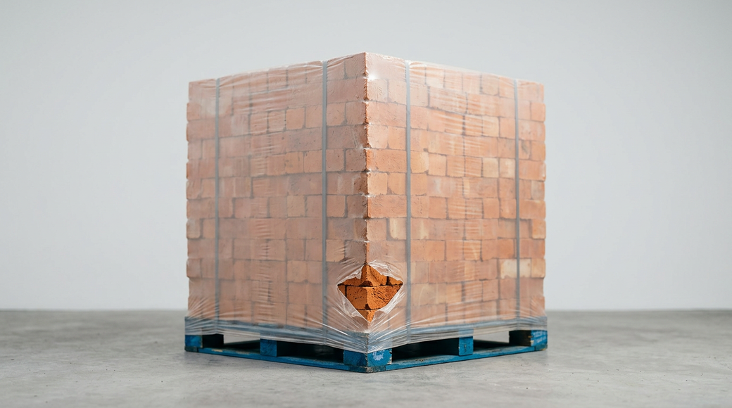 The image features a single palette of orange-red London stock bricks, shrink-wrapped in translucent plastic. Positioned against a pale concrete-grey background, the palette appears sculptural, emphasizing the texture of the raw clay and the creases in the wrap, with a small tear exposing a brick corner.