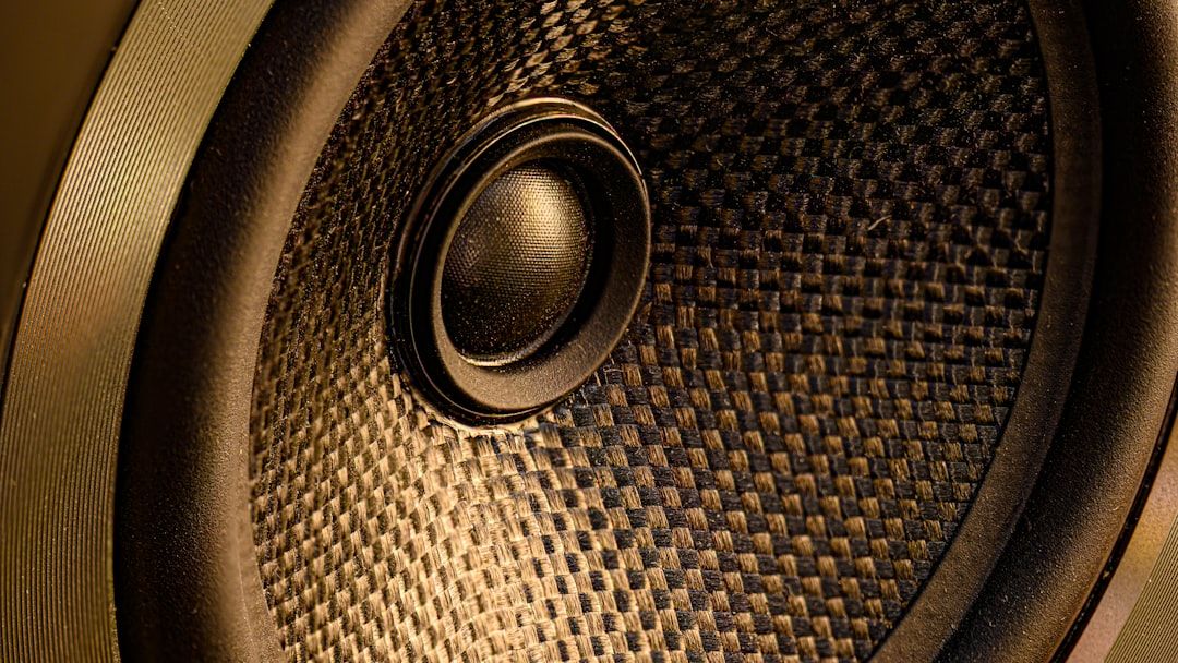 Close-up image of a speaker's cone and grill, showcasing the intricate texture and design of the speaker material. The focus highlights the components that contribute to sound production.