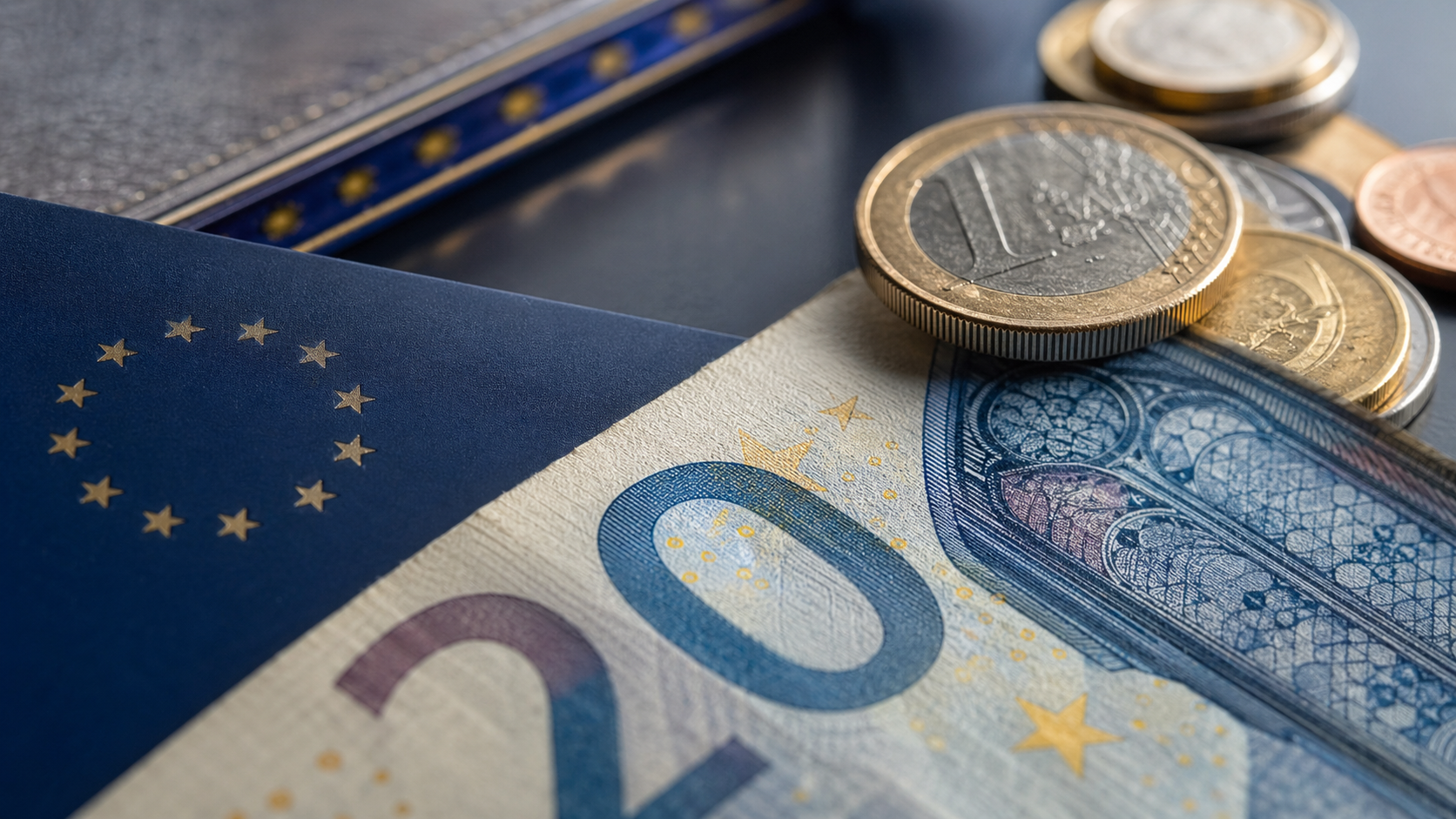 The image features a close-up view of a 20 Euro banknote alongside a collection of Euro coins. The backdrop includes a partially visible wallet, suggesting a financial or economic context.