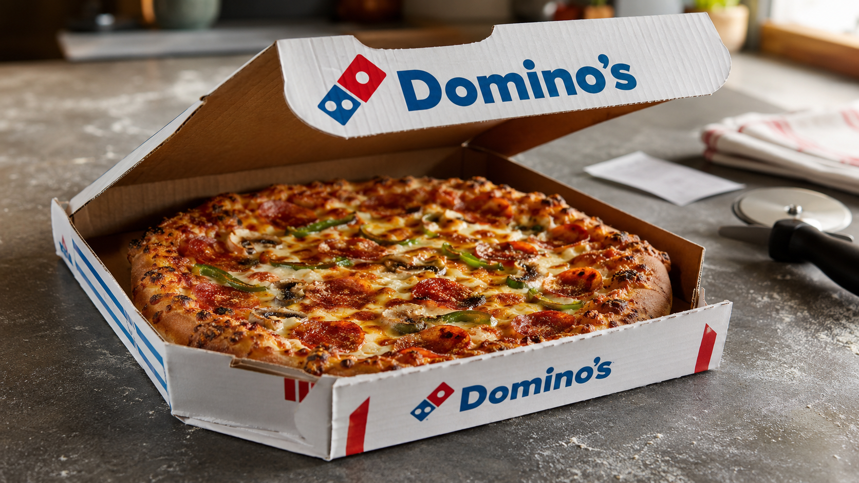 A freshly baked pizza is displayed in an open Domino's Pizza box on a kitchen countertop. The pizza features a variety of toppings, including pepperoni, green peppers, and cheese.