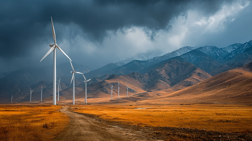 The image depicts a wind farm set against a backdrop of dramatic mountains under cloudy skies. Wind turbines stand tall along a dirt road in an expansive golden landscape, highlighting the use of renewable energy.