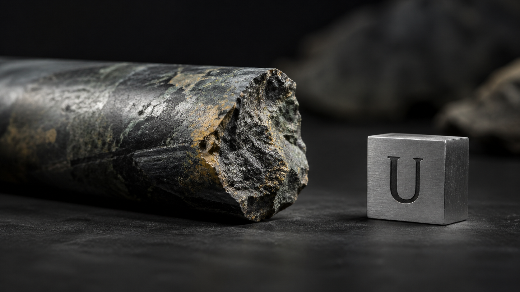 The image features a close-up of a geologically textured rock alongside a metallic cube marked with the letter 'U', representing Uranium. The contrasting materials highlight a focus on natural mineral forms and elemental symbols.