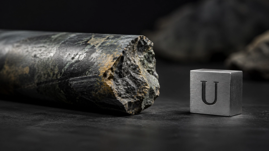 The image features a close-up of a geologically textured rock alongside a metallic cube marked with the letter 'U', representing Uranium. The contrasting materials highlight a focus on natural mineral forms and elemental symbols.