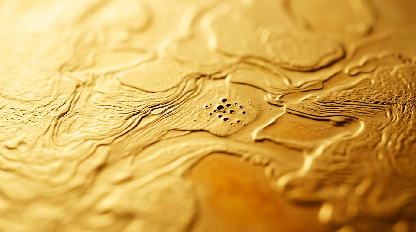 The image presents an extreme macro shot of a single gold bar's top surface, showcasing intricate textures formed by the cooling process of molten gold. The interplay of light across the metallic surface reveals ripple patterns and tiny pinprick air bubbles, creating a striking visual reminiscent of abstract geological formations.