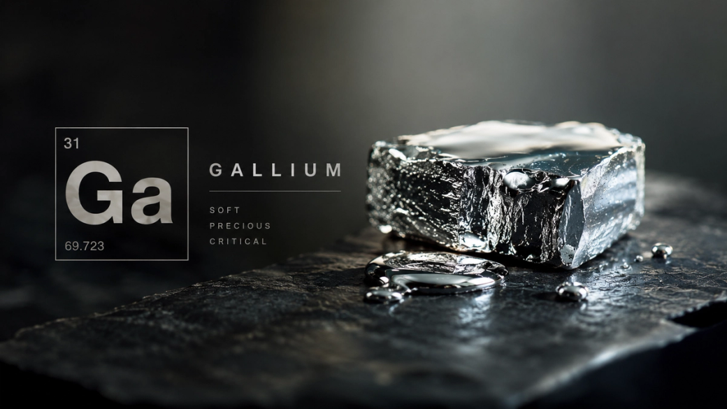 The image features a metallic block of gallium resting on a dark surface, with droplets of the element's liquid form nearby. The periodic table information for gallium, including its atomic number and properties, is displayed alongside the image.