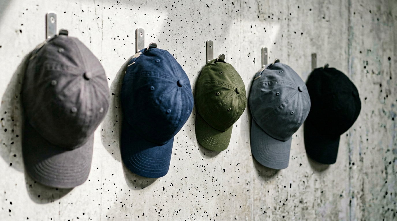 The image features a row of five baseball caps hanging from brushed steel wall hooks against a concrete wall. Four caps in muted tones of charcoal, navy, slate grey, and black are structured for adults, while the third in the series is a child's cap in deep olive, highlighting the humorous size contrast.