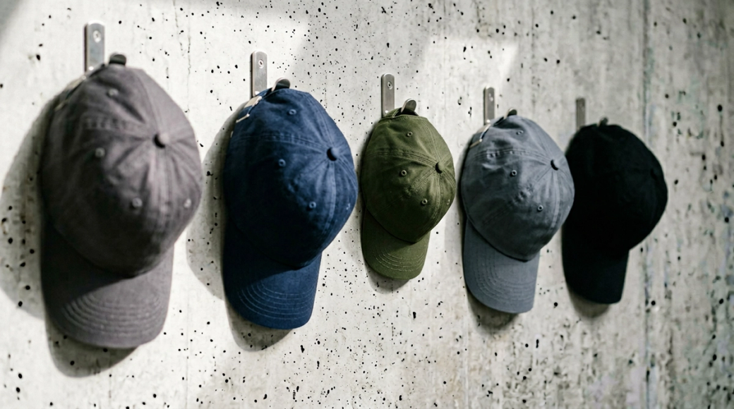 The image features a row of five baseball caps hanging from brushed steel wall hooks against a concrete wall. Four caps in muted tones of charcoal, navy, slate grey, and black are structured for adults, while the third in the series is a child's cap in deep olive, highlighting the humorous size contrast.