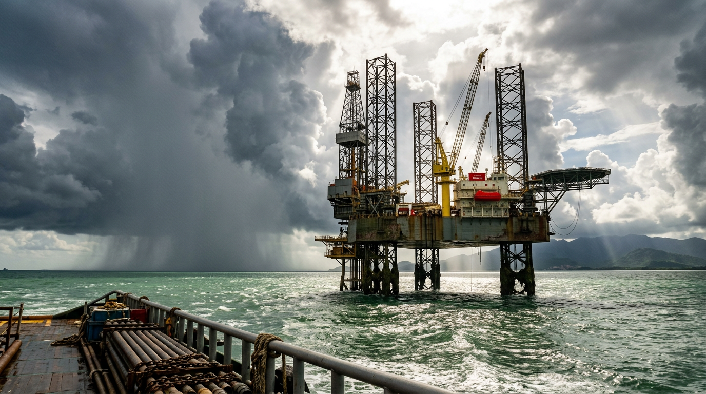 The image captures a jack-up rig positioned in warm shallow waters off the Vietnamese coast during a monsoon season. Dramatic cumulus clouds loom overhead, with shafts of sunlight illuminating parts of the rig's deck while rain falls in the background, creating a contrasting atmosphere against the choppy jade-green sea.