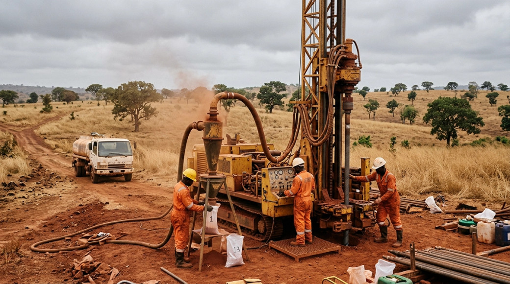 The image features a track-mounted RC drill rig operating on a cleared pad in a West African savannah, surrounded by golden-brown grass and scattered shea trees. A crew of three in hard hats and orange coveralls is engaged in activities related to drilling, with one person managing the sample splitter and the others operating the rig and handling drill rods, all amidst a backdrop of overcast skies.