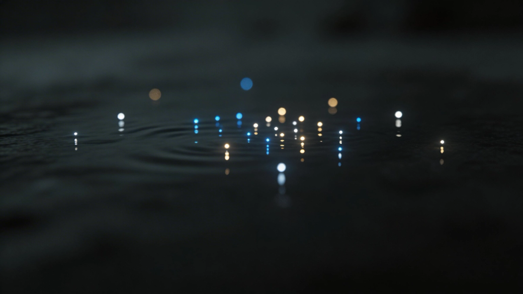 The image captures a close-up view of water droplets reflecting soft blue and golden lights on a dark surface. The rippling effect in the water adds a dynamic quality to the tranquil scene.