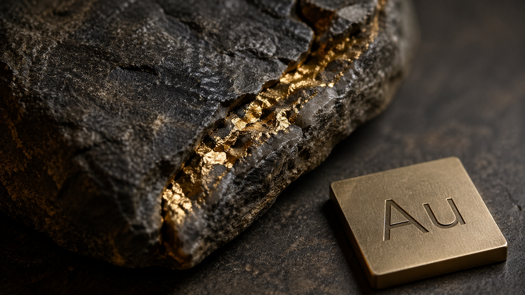 The image depicts a close-up of a rock formation containing visible gold veins, alongside a metal plate engraved with the chemical symbol 'Au' for gold. The contrasting textures of the rough rock and the smooth metal highlight the beauty of natural minerals.