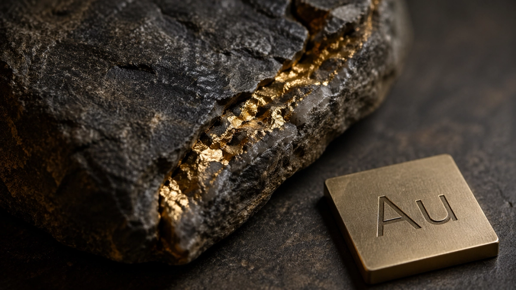 The image depicts a close-up of a rock formation containing visible gold veins, alongside a metal plate engraved with the chemical symbol 'Au' for gold. The contrasting textures of the rough rock and the smooth metal highlight the beauty of natural minerals.