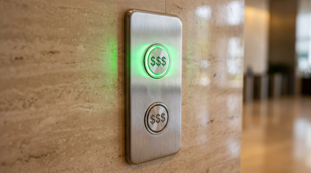The image features a close-up view of a modern elevator call-button panel set into a polished stone wall within a high-end commercial lobby. The panel, made of brushed stainless steel, displays two circular buttons engraved with dollar signs ($$$), with the upper button illuminated in a vibrant green light, emphasizing its function as the call-up button.