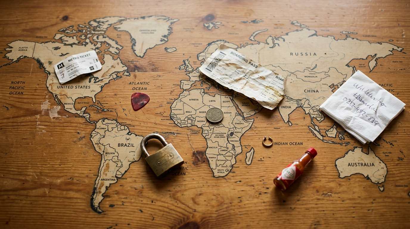 The image presents an abstract overhead view of a world map printed on a wooden table, with various travel-related objects scattered across it. Items like a boarding pass stub, a foreign coin, a luggage padlock, and a miniature bottle of hot sauce lay on different countries, symbolizing the transient experiences of travelers in a hostel setting.