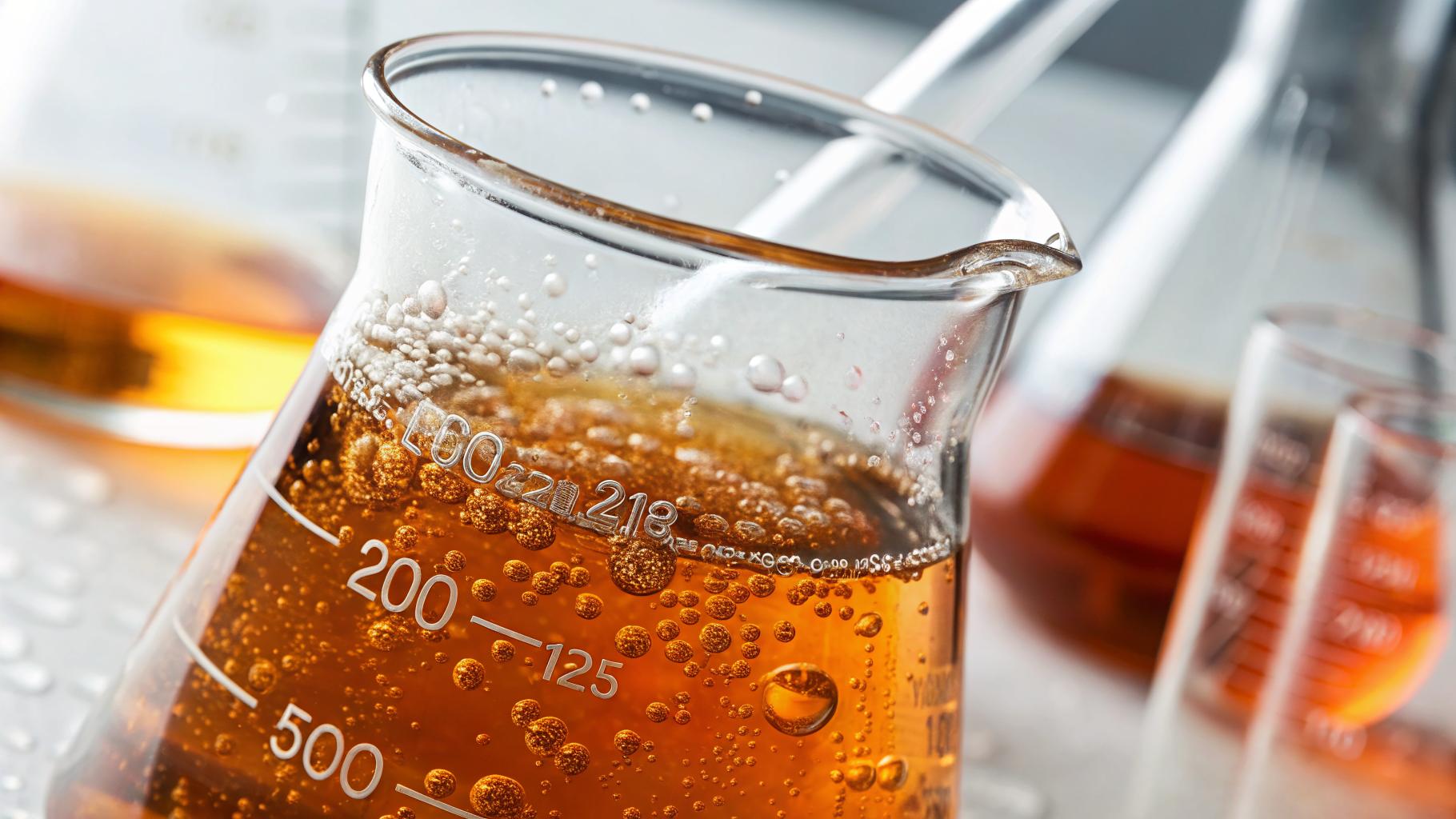 The image features a close-up of laboratory glassware containing a brown liquid with bubbles, indicating a chemical reaction or solution. The setting suggests a scientific environment, possibly showcasing a chemistry experiment.