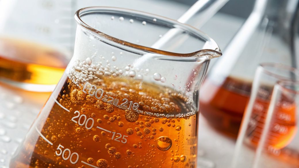 The image features a close-up of laboratory glassware containing a brown liquid with bubbles, indicating a chemical reaction or solution. The setting suggests a scientific environment, possibly showcasing a chemistry experiment.