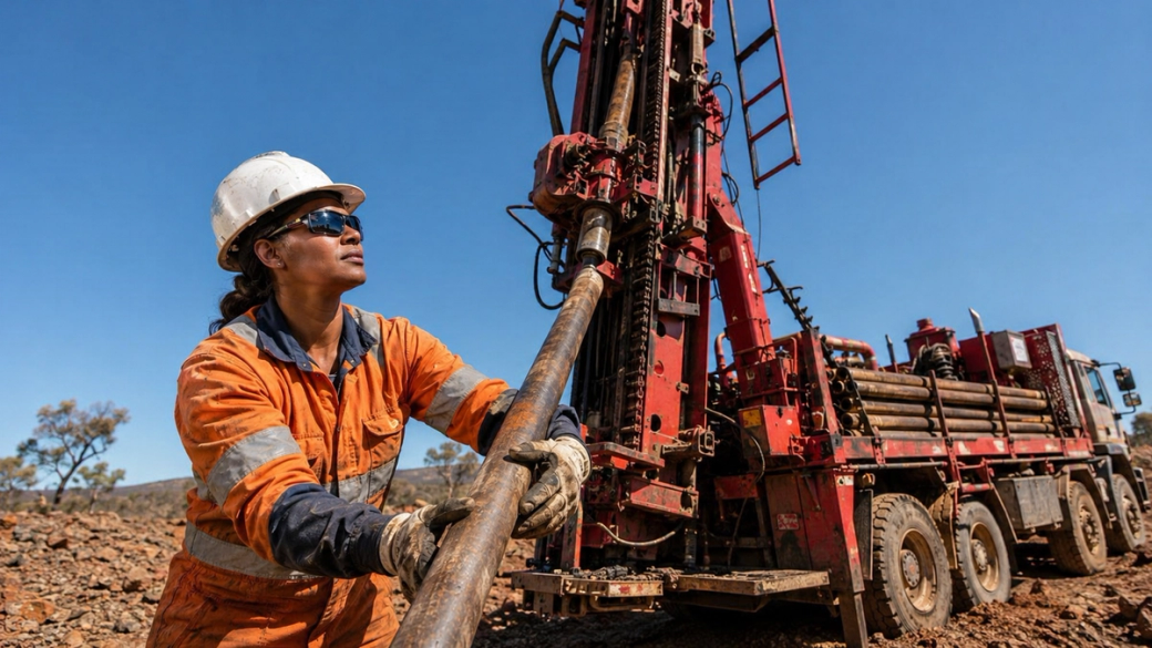 A female worker operates a drilling rig at a mining site under a clear blue sky. The scene captures the rugged environment of the mining industry, showcasing the heavy machinery and the worker's focused expression.