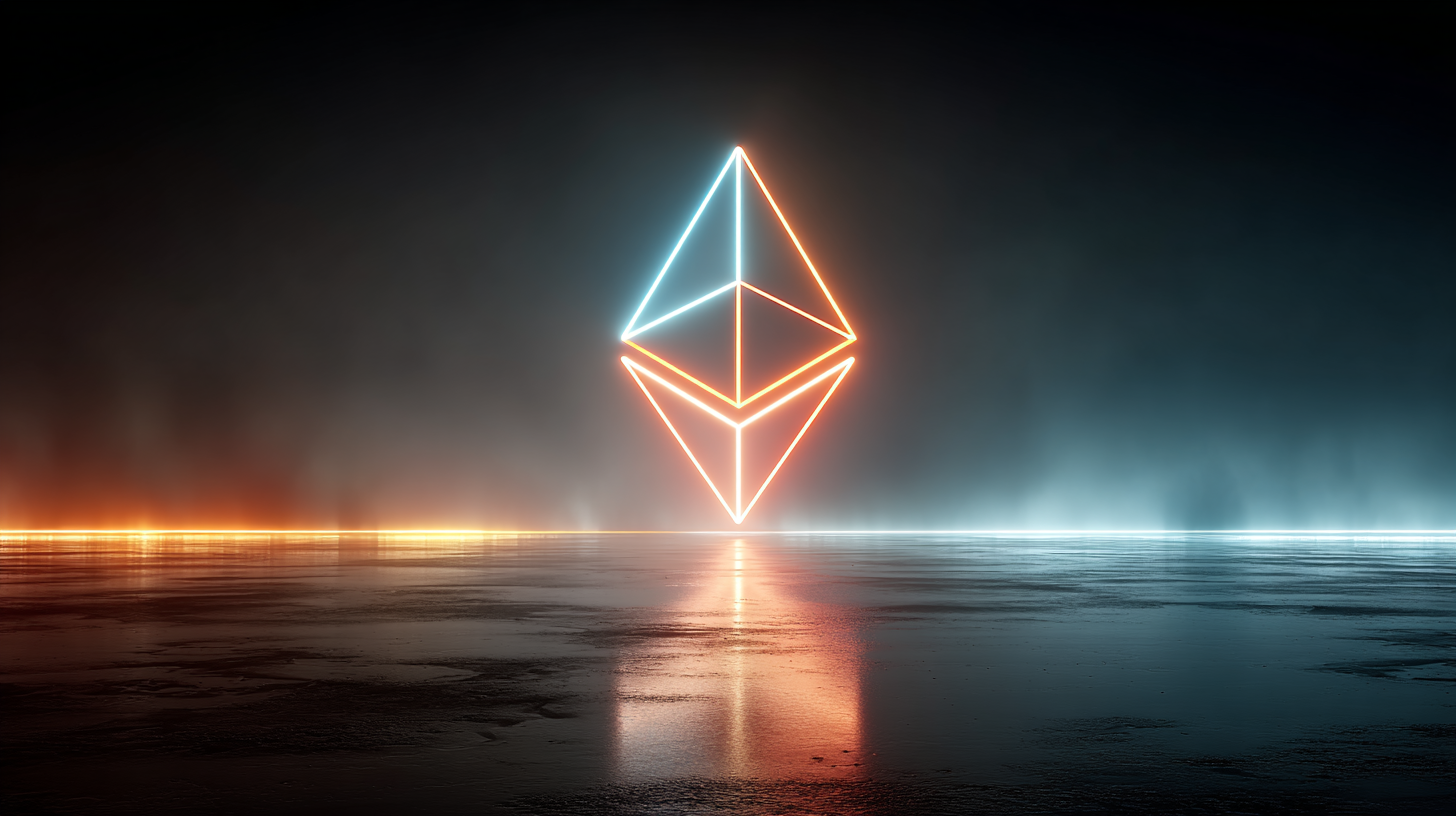 The image features a glowing Ethereum logo in a dark, futuristic setting, reflecting on a smooth, wet surface. The contrasting colors of orange and blue create a visually striking ambiance.