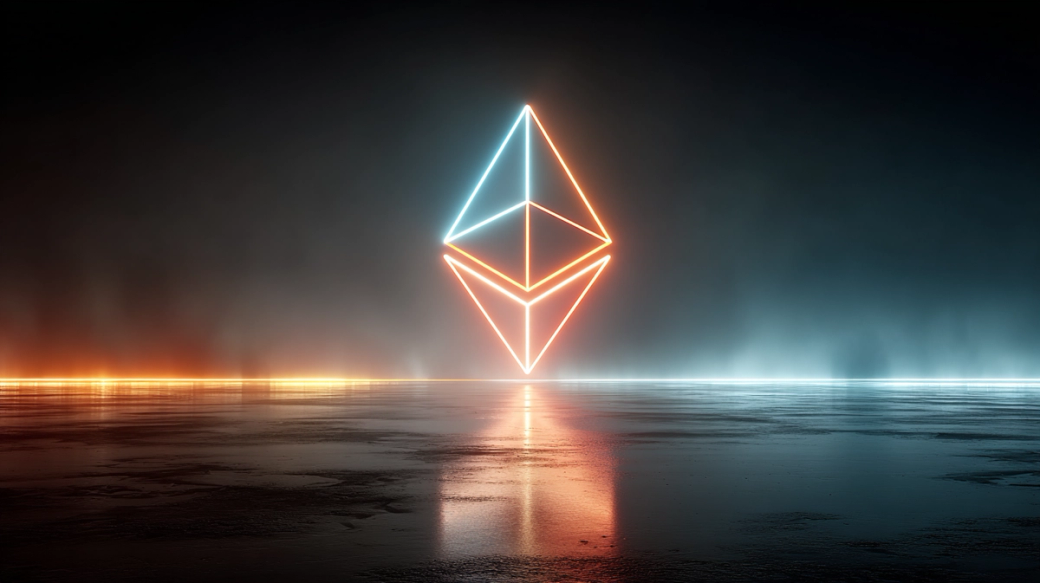 The image features a glowing Ethereum logo in a dark, futuristic setting, reflecting on a smooth, wet surface. The contrasting colors of orange and blue create a visually striking ambiance.