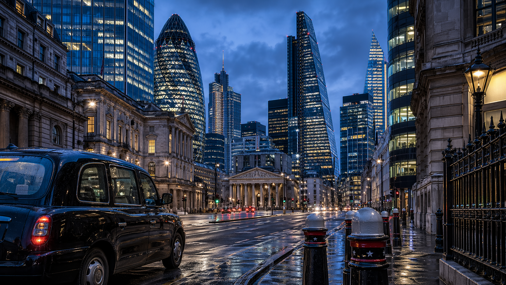 A rainy evening in a bustling urban area with modern skyscrapers and traditional architecture. The scene showcases a classic black taxi parked on the street in the foreground, with reflections from the wet pavement enhancing the ambiance.