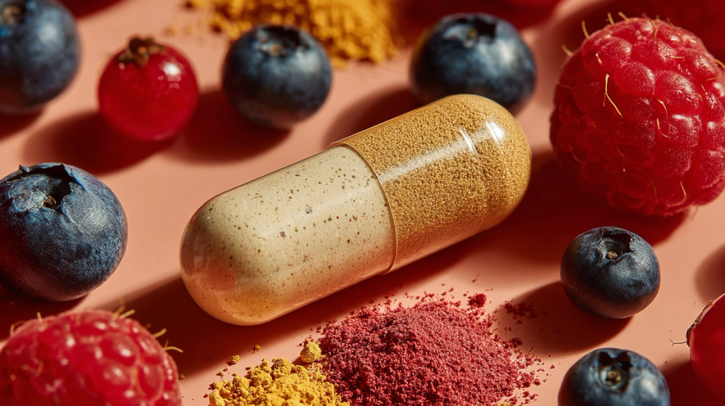 The image showcases a large capsule surrounded by various berries and powdered supplements on a peach-colored background. The vibrant colors of the fruits contrast with the neutral tones of the capsule, creating an appealing composition.