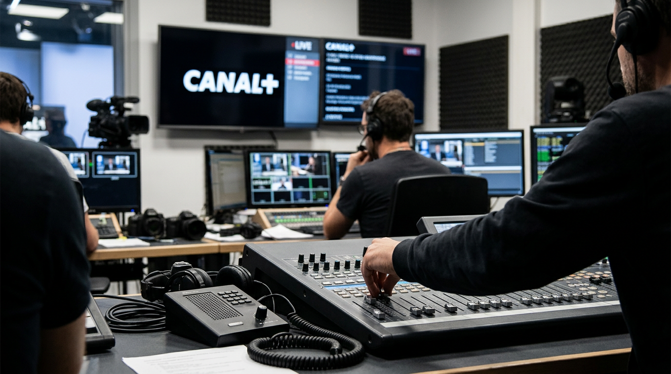 The image captures a behind-the-scenes view of a Canal+ broadcast production environment. Producers and camera operators are seen working around multiple monitors and a broadcast console, with a clear display of the Canal+ branding on a screen in the background, emphasizing the professional production atmosphere.