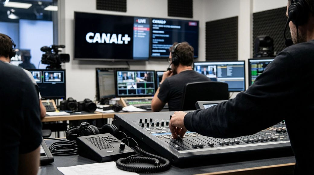 The image captures a behind-the-scenes view of a Canal+ broadcast production environment. Producers and camera operators are seen working around multiple monitors and a broadcast console, with a clear display of the Canal+ branding on a screen in the background, emphasizing the professional production atmosphere.