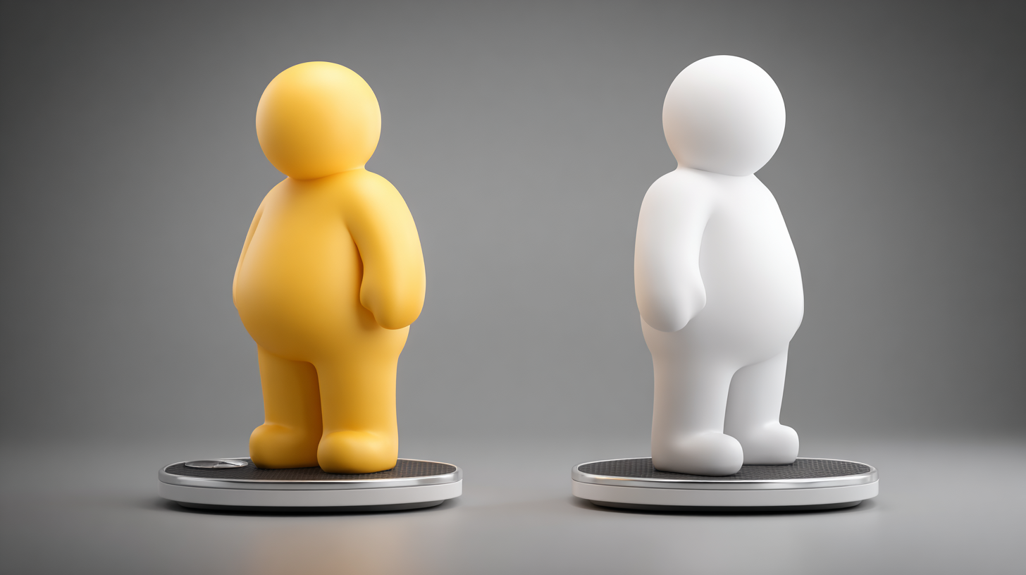 The image features two stylized figures, one yellow and one white, positioned on digital scales. The figures appear to represent different body types, highlighting themes of weight and health.