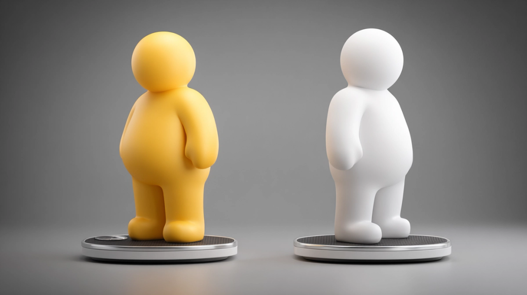 The image features two stylized figures, one yellow and one white, positioned on digital scales. The figures appear to represent different body types, highlighting themes of weight and health.