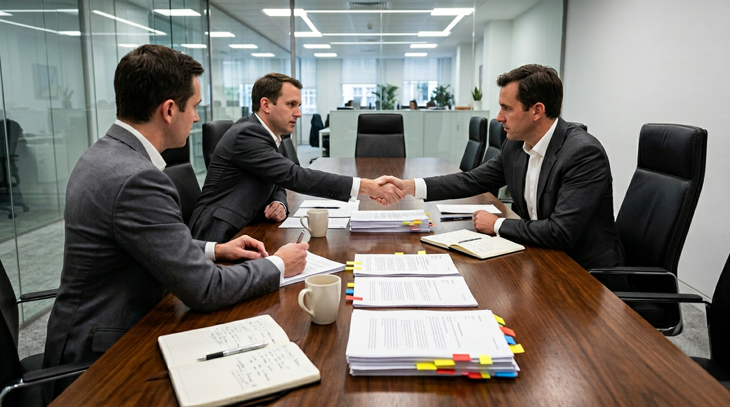 The image depicts a formal boardroom setting featuring a long polished table with contract documents and color-coded tabs arranged neatly. Two business professionals engage in a one-on-one negotiation, with a focused intensity evident in their body language as they shake hands across the table. The modern office backdrop showcases glass walls, adding transparency and openness to the atmosphere.