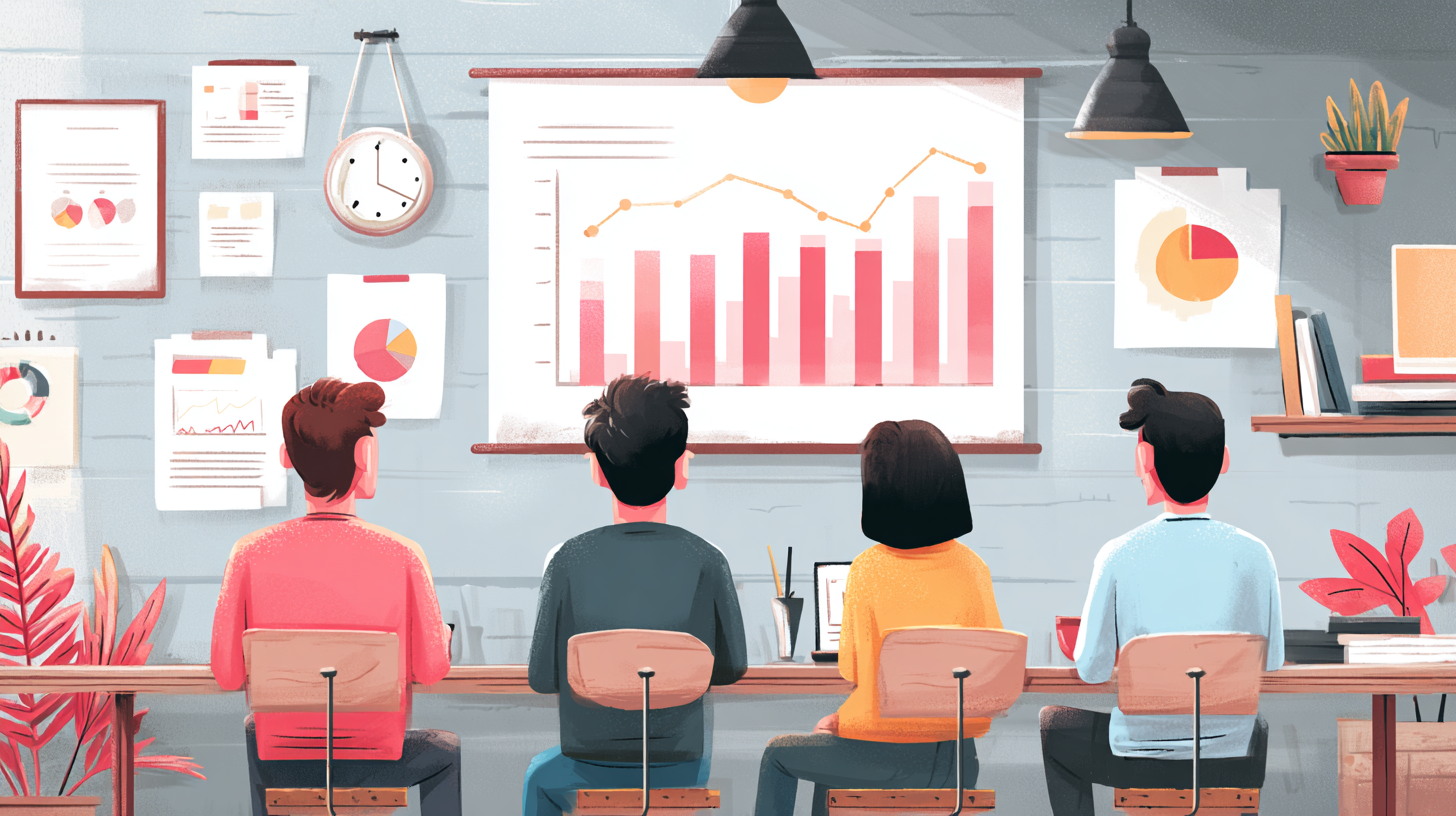 The image depicts a diverse group of four individuals seated in front of a presentation screen displaying a graph, likely analyzing business performance. Various charts and graphics are visible on the walls, suggesting a focus on data-driven decision-making.