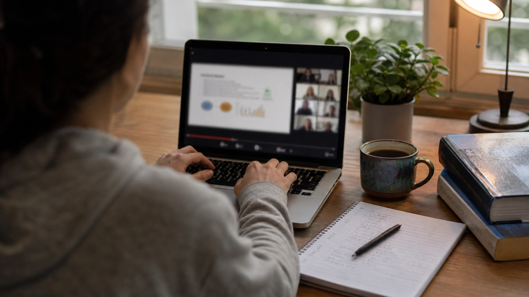 The image shows a person participating in an online meeting on a laptop. The screen displays a presentation alongside multiple participants in a video call, with a potted plant and notebooks visible on the table.