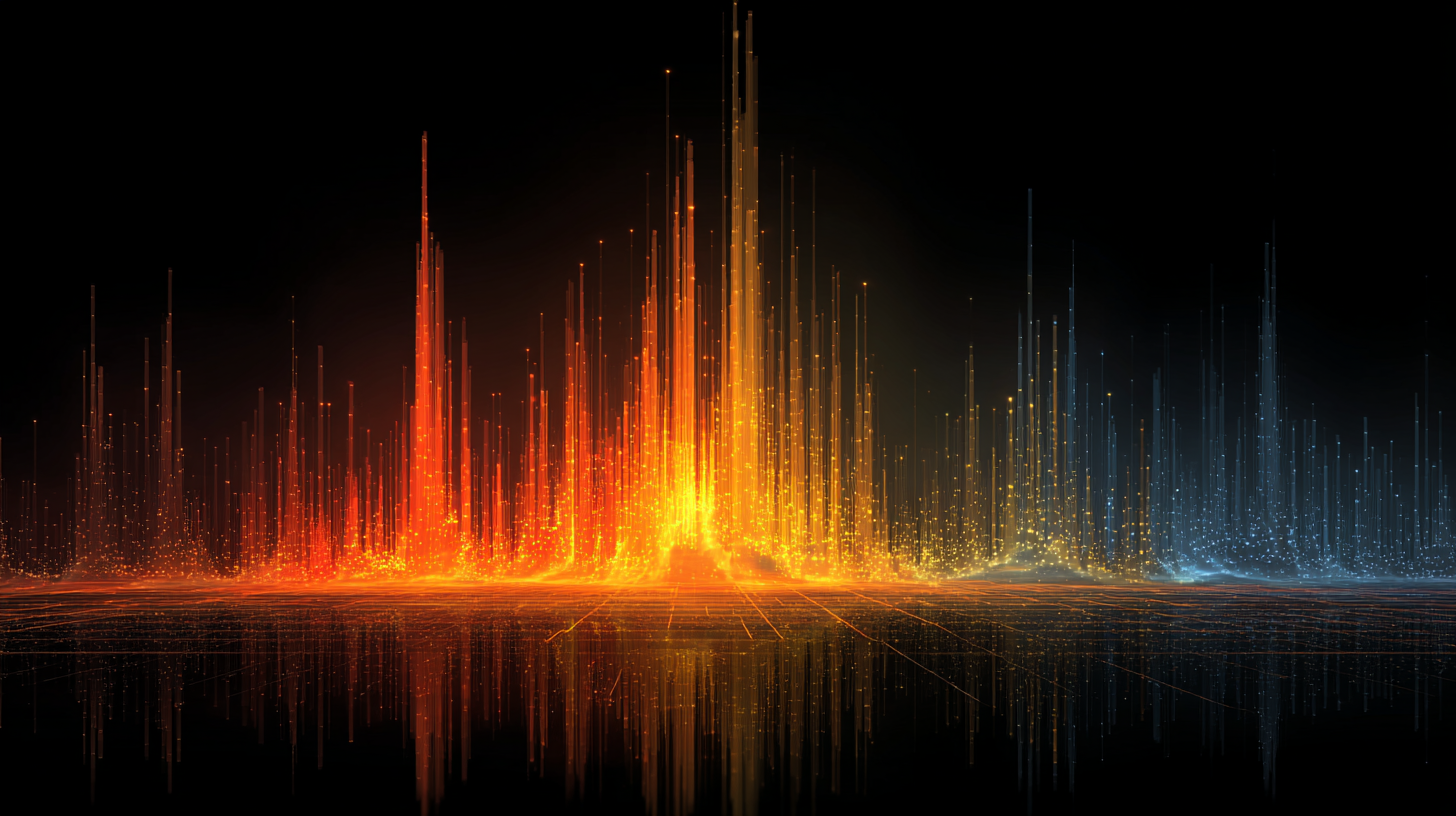 The image presents a visually striking digital representation of colorful signal waves, showcasing peaks and troughs in vibrant shades of orange, red, and blue against a dark background. This abstract design could symbolize data visualization, audio analysis, or financial market fluctuations.