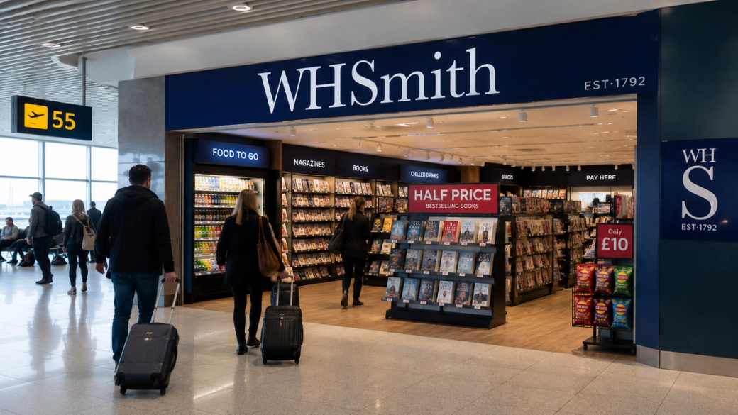 The image shows the exterior of a WH Smith store located in an airport. In the foreground, two travelers with rolling suitcases approach the store, which features bright signage highlighting food and books available for purchase, along with a promotional display advertising half-price bestselling books.