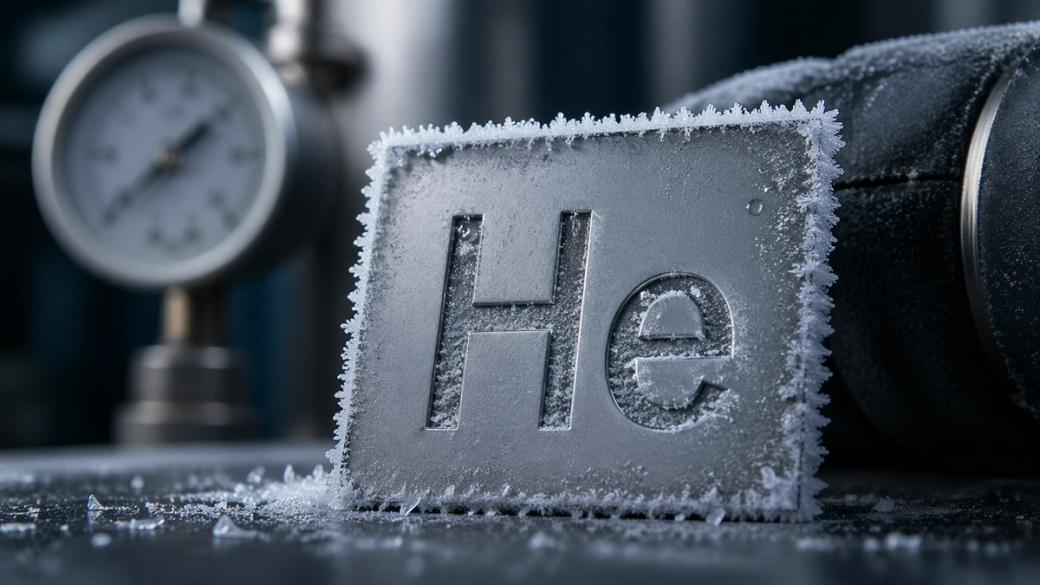 The image features a frozen metal plate inscribed with the chemical symbol 'He' for helium, surrounded by frost and ice. In the background, a pressure gauge and a blurred industrial setting suggest a laboratory or scientific environment related to gas handling.