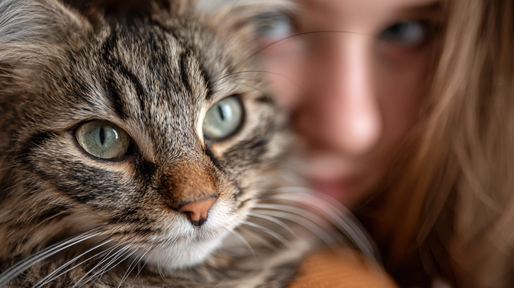 A close-up of a cat with striking green eyes, positioned in the foreground, while a blurred figure of a girl is in the background. The contrast between the cat's detailed fur and the soft focus of the girl's face creates a sense of intimacy and connection.