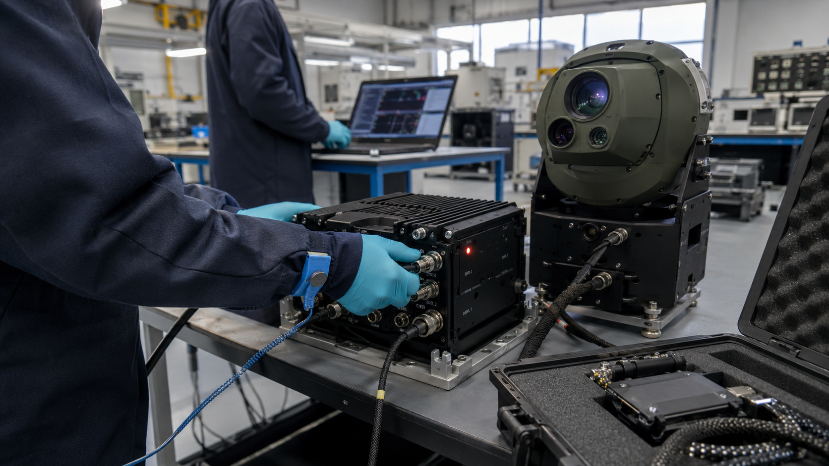 The image shows a technician in a lab setting working on electronic equipment. The technician is using a device with various cables and connections, while a second piece of equipment with a lens is visible in the foreground.