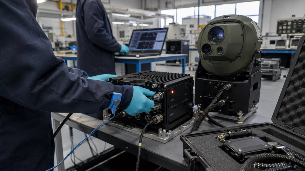 The image shows a technician in a lab setting working on electronic equipment. The technician is using a device with various cables and connections, while a second piece of equipment with a lens is visible in the foreground.