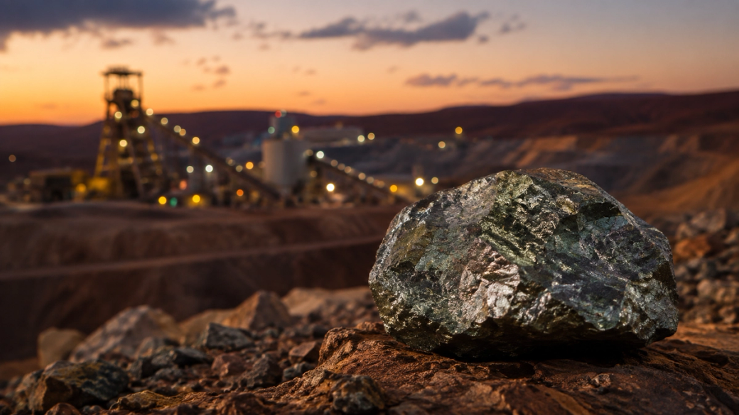 The image depicts a close-up view of a mineral rock in the foreground, with a mining facility and sunset backdrop in the background. The scene illustrates the mining operations in a vast landscape.