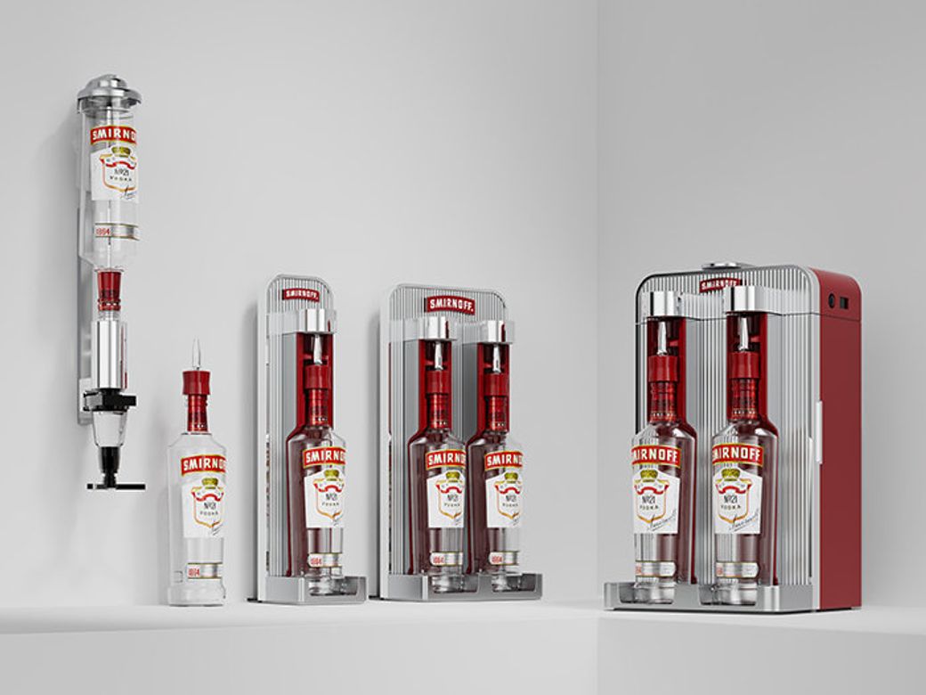 The image features a sophisticated display of Smirnoff vodka bottles arranged with modern dispensers and a sleek design. The setup highlights the brand's commitment to premium presentation and accessibility.