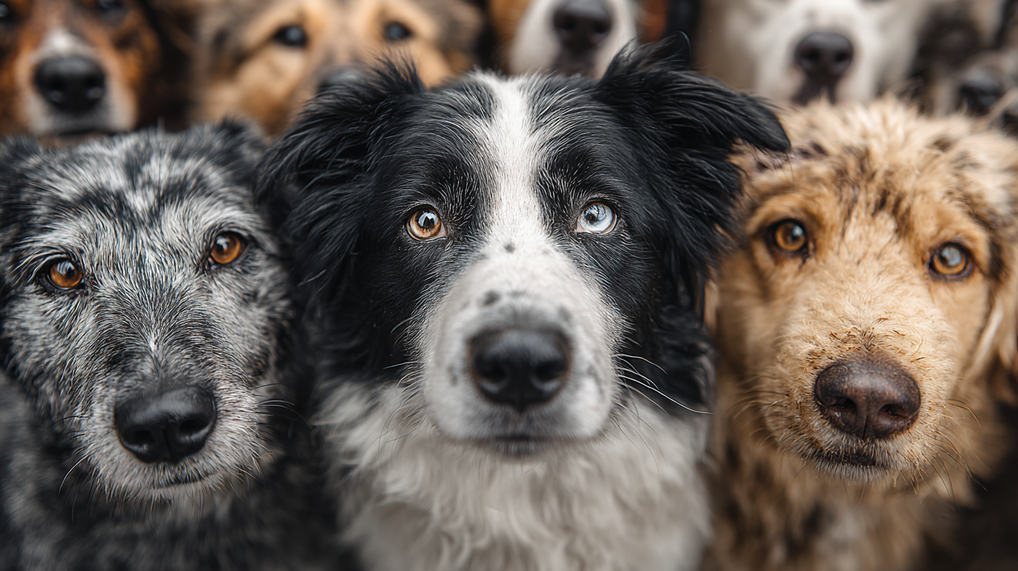 A close-up portrait of multiple dogs, featuring different breeds and colors, all looking directly at the camera. The dogs' expressions convey curiosity and companionship, highlighting their playful nature.