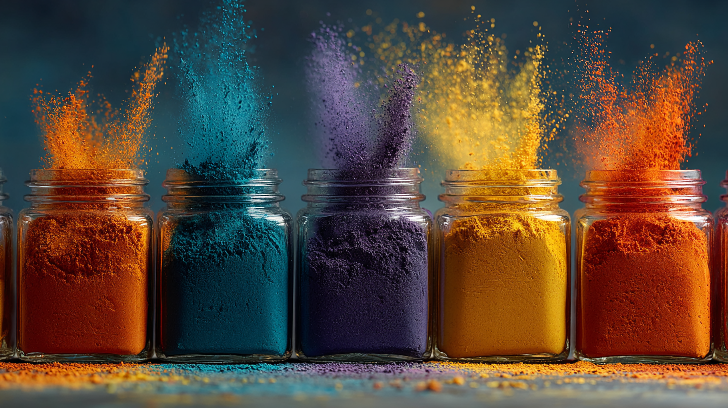 The image features several glass jars filled with vibrant colored powders. The powders are displayed with dynamic splashes of color, creating an artistic and visually striking effect.