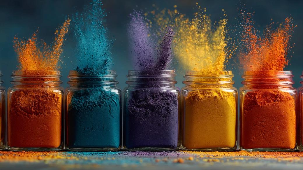 The image features several glass jars filled with vibrant colored powders. The powders are displayed with dynamic splashes of color, creating an artistic and visually striking effect.