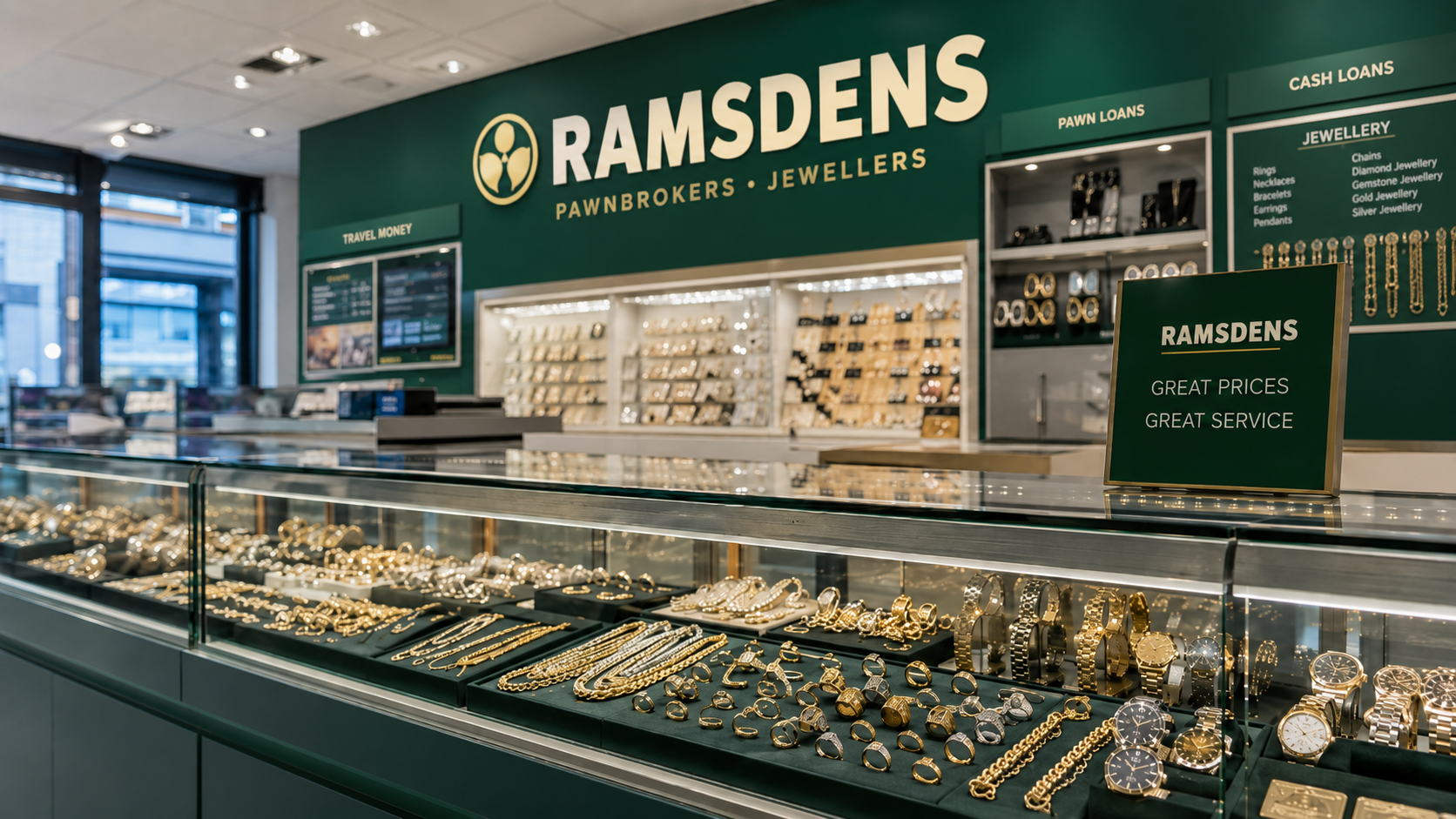 The image displays a well-lit jewelry display inside a pawn shop or jewelry store named Ramsdens. The showcase features an array of gold jewelry including bracelets, necklaces, and watches, suggesting a variety of items available for purchase or pawn.