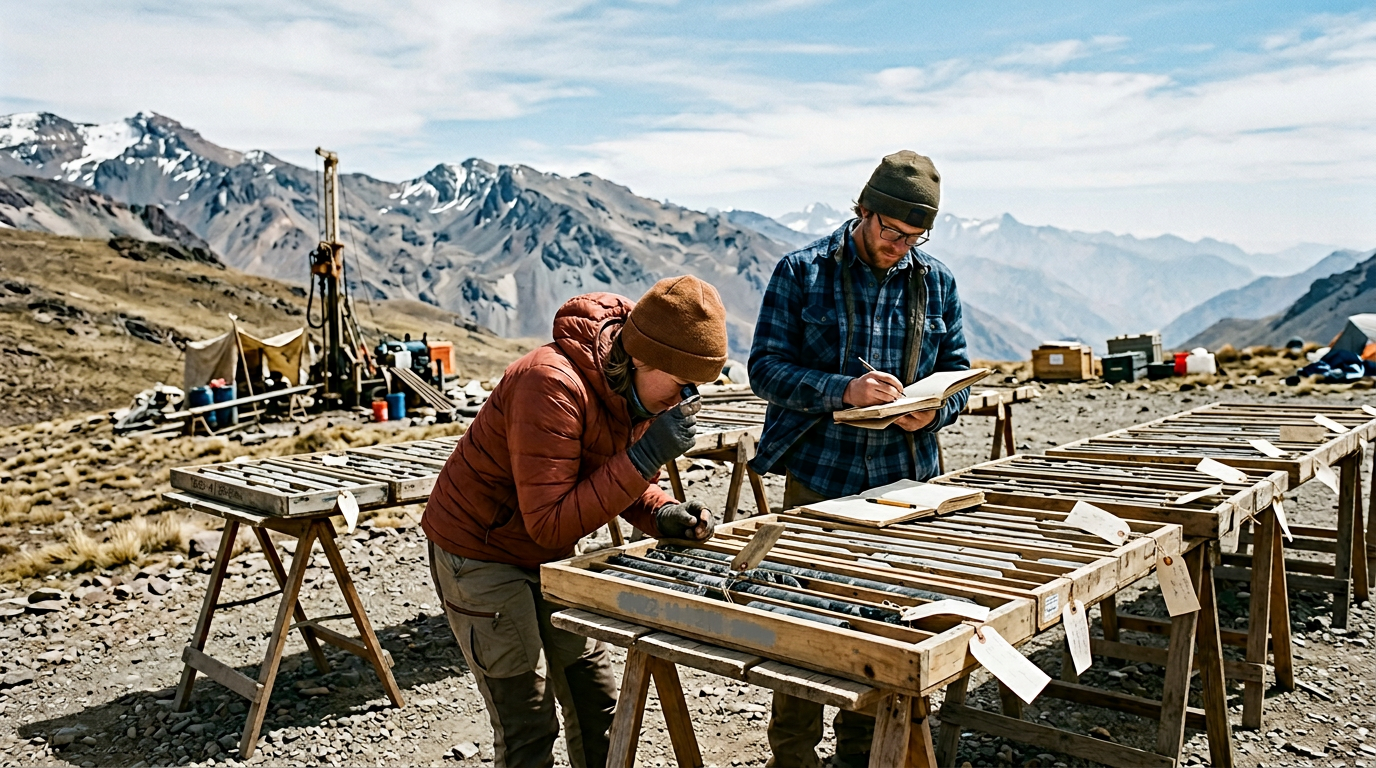 The image depicts a two-person geology team working at a remote drill site in a high-altitude landscape. One geologist is examining rock samples in a core tray with a hand lens, while the other logs observations into a notebook amidst a backdrop of snow-dusted peaks and sparse brown grass.
