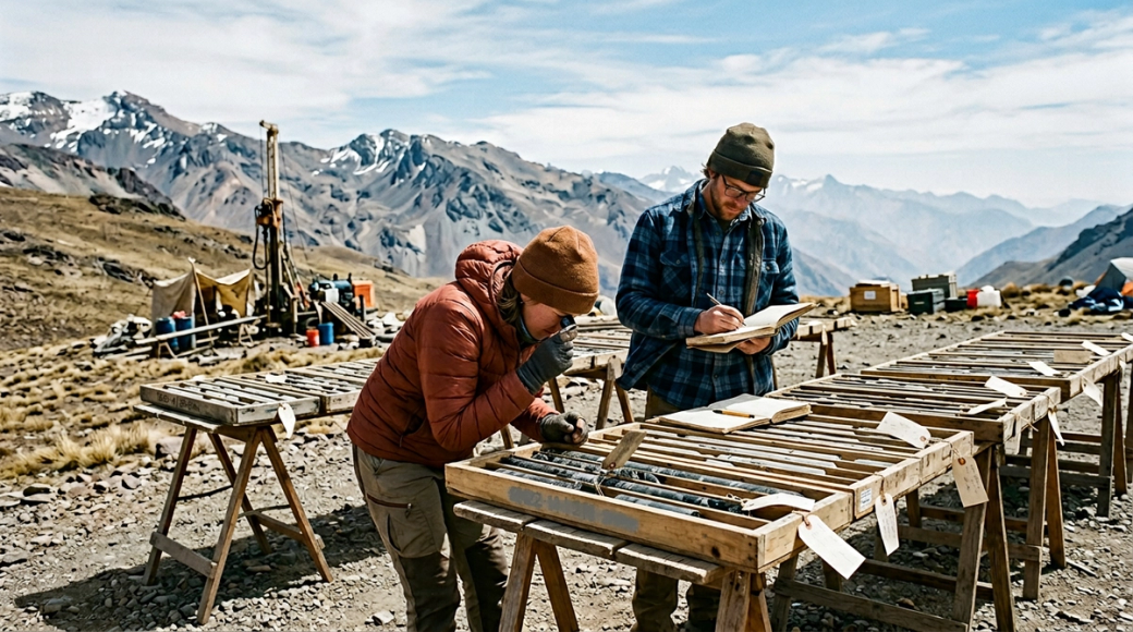 The image depicts a two-person geology team working at a remote drill site in a high-altitude landscape. One geologist is examining rock samples in a core tray with a hand lens, while the other logs observations into a notebook amidst a backdrop of snow-dusted peaks and sparse brown grass.
